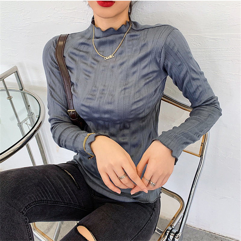 Casual Basic Korea Pleated High Quality Brief Minimalist Tops Solid Fashion Women Large Full Sleeves T-shirt 210421