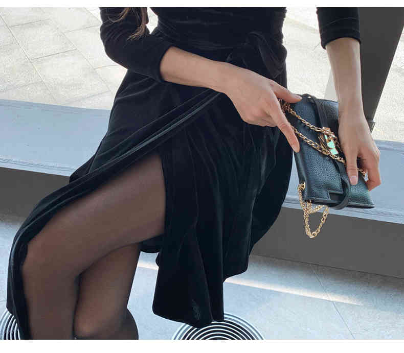 Autumn Winter Gold Velvet Dress Women Vintage Elegant V-Neck Tie Up Office Lady Knee-Length Vestidos 210520
