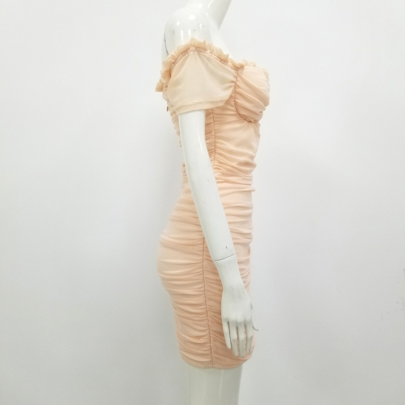 Fall High Quality Nude Muddy Neck Mesh Bodycon Rayon Bandage Mini Dress Elegant Strapless Sexy Party 210525