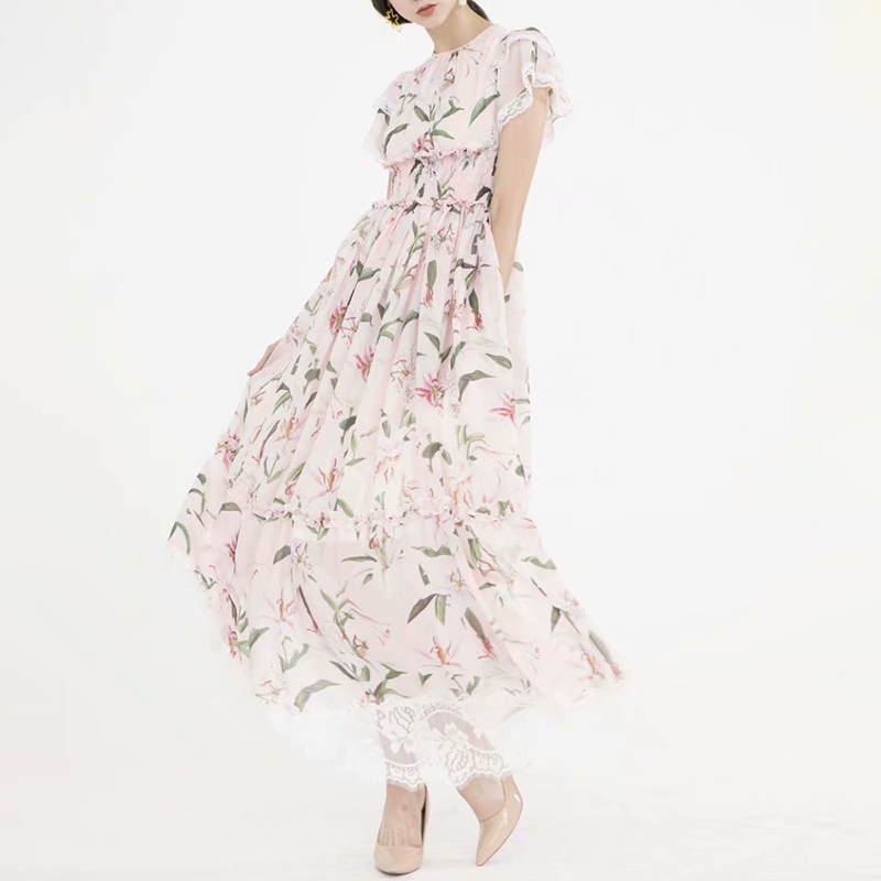 VGH Vintage Print Floral Dress For Women O Neck Short Sleeve High Waist Patchwork Lace Elegant Midi Dresses Female Fashion Style 210421