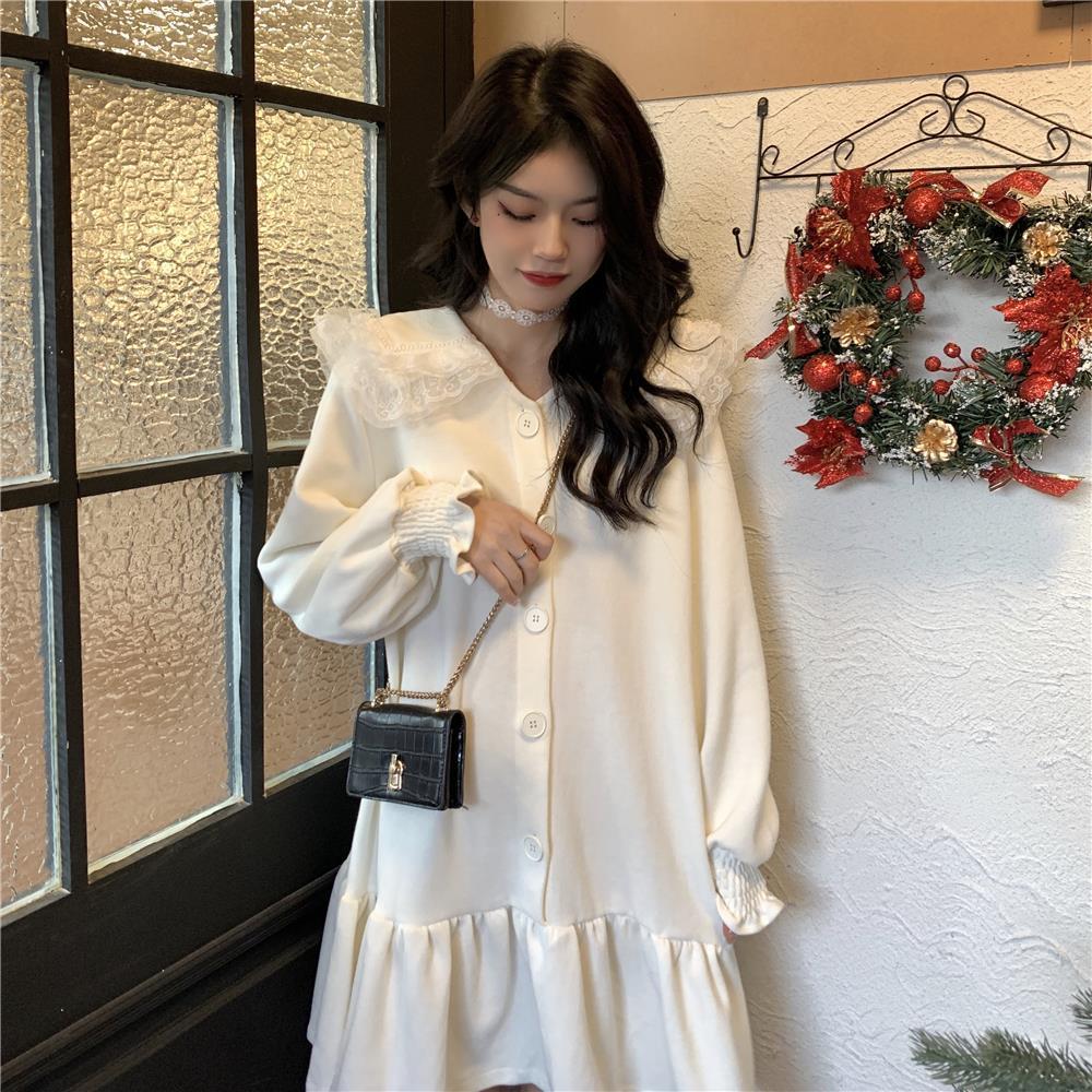 Spring Long Sleeve Vintage Kawaii Dress Korean Casual Sweet Elegant Dress Women Cute Lace Mini Shirt Dress Female 210521