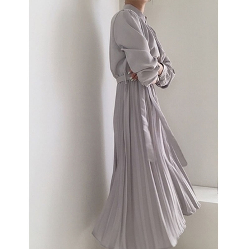 French Style Temperament Long Sleeve Women's Dress with Belt Early Spring Single Breasted Pleated Vestidos 12757 210427