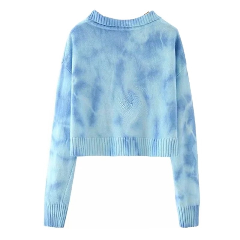 Korea Style Vintage blue Tie dye Big pin Cardigan Sweater Sexy V neck Long Sleeve Loose Short Jumper Coll girl Streetwear 210429