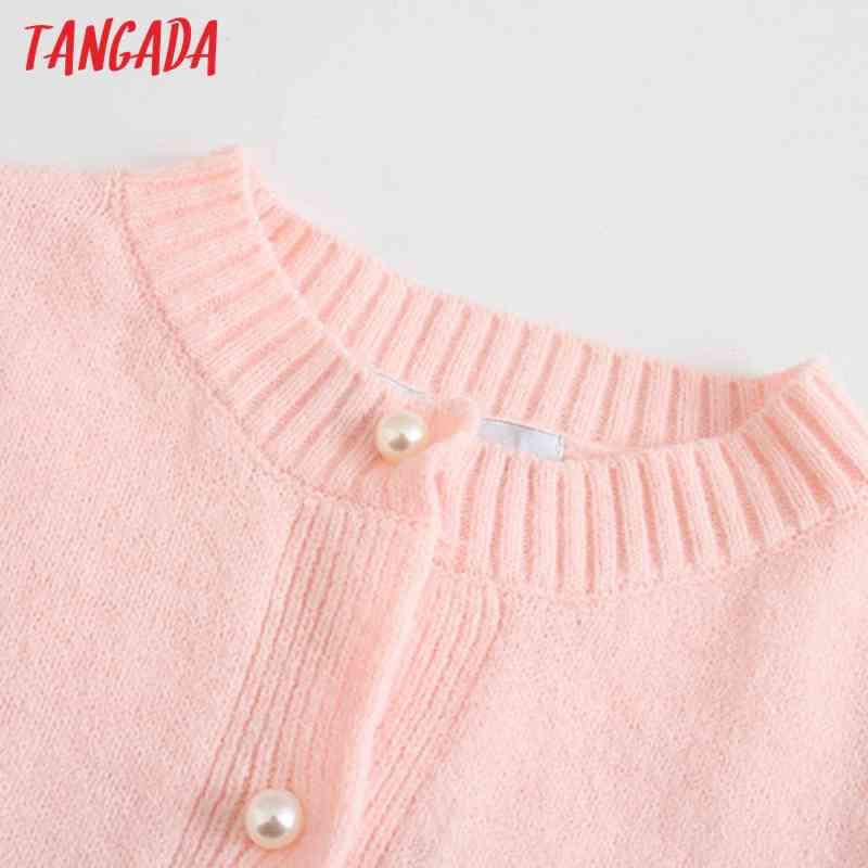 Women Pearl Buttons Pink Short Style Vintage Jumper Lady Fashion Knitted Cardigan Coat 3N20 210416