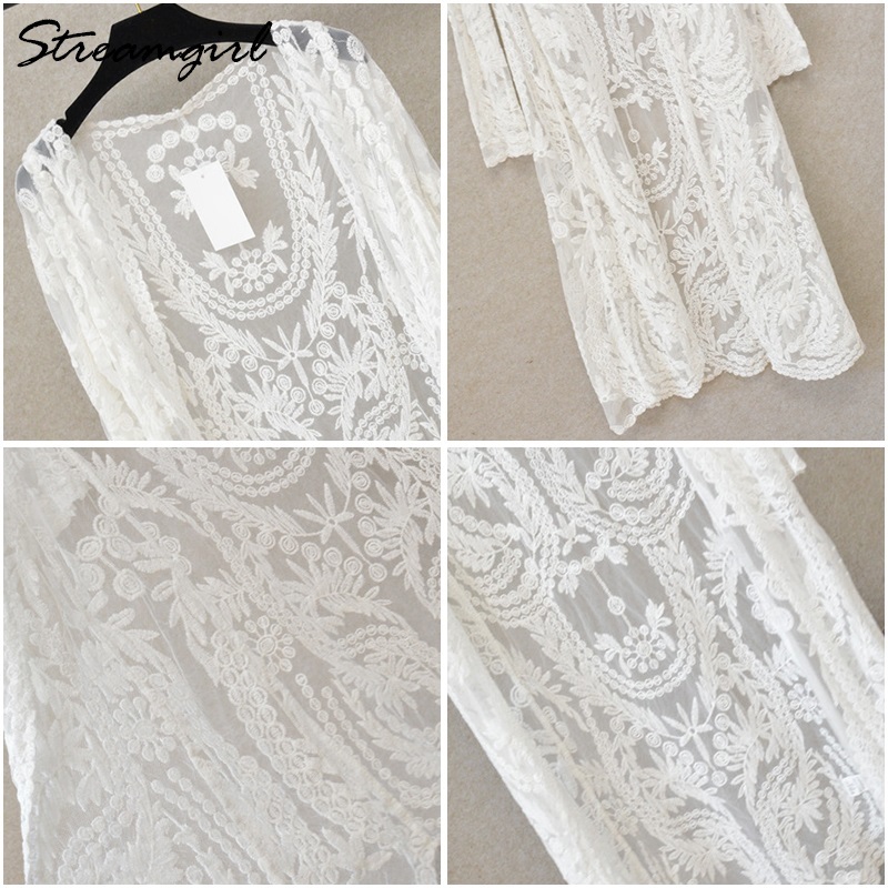 Streamgirl Women Long Cardigan Summer Oversize Long Sleeve Beach Lace Cardigan White Female Casual Kimono Cardigans Summer 210421