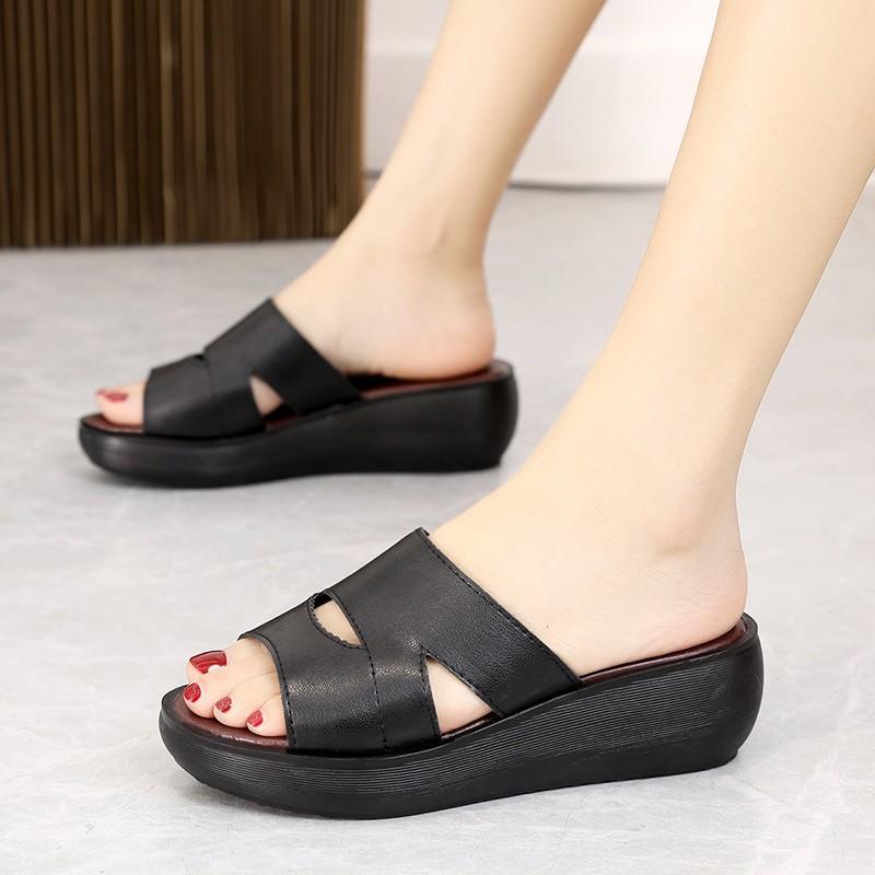 Women Slipper's 2021 Ladies Summer Slippers Genuine Leather Shoes Wedges Heels Fashion, Dark brown