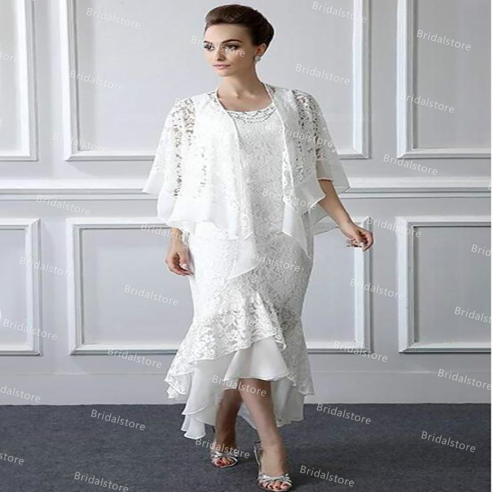 Gorgeous White Lace Mother Of The Bride Dresses Two Piece Summer Wedding Guest Party Dress 2021 Tea Length Chiffon Evening Prom Skirt With Jacket robe