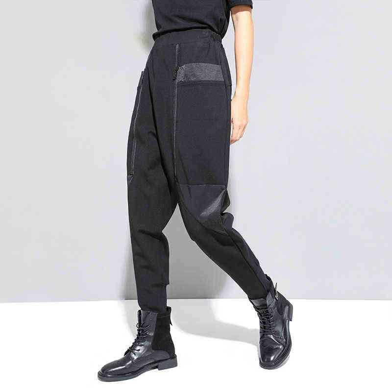 High Elastic Waist Black Zipper Split Long Harem Trousers Loose Fit Pants Women Fashion Spring Autumn 1N796 211115