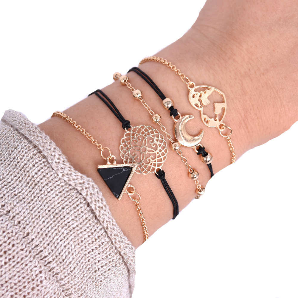 Fashion 4PCs Gothic Black Feather Lotus Bracelets Set Heart Charm Boho Bangles For Women Wrist Chain Bracelets GC540