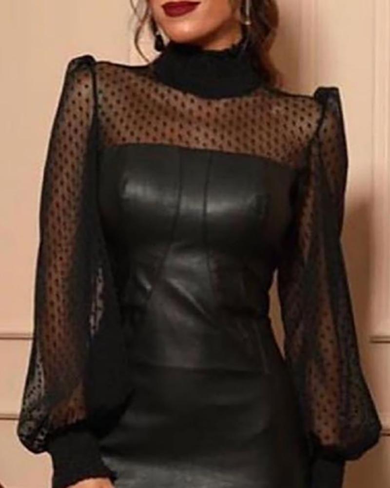 Ninimour Faux Leather Mesh Dot Midi Dress Women Spring Fashion Mock Neck Midi Dress Ladies Party Long Sleeve Mesh Sheer Dresses 210415