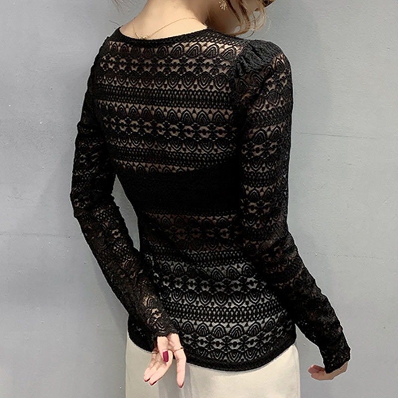 Fashion Spring See Through Top Women Sexy Shirt Lace Hollow Out Solid V-Neck Balck Long Sleeve Tops 7908 50 210415