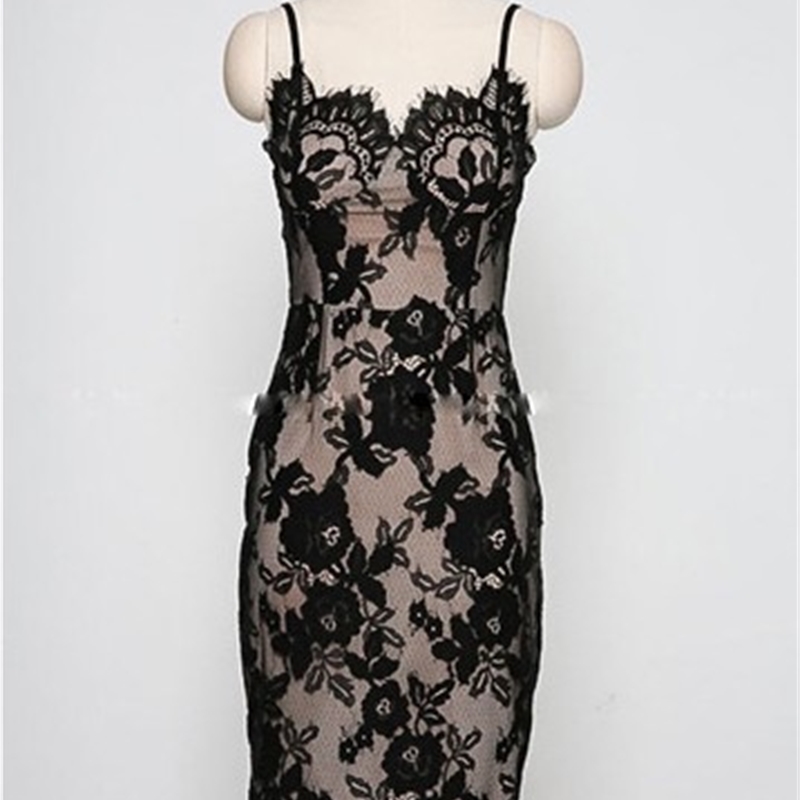 Korea Women Sexy Lace V-Neck Spaghetti Straps Slim Waist Pencil Dress Female Summer Elegant Bodycon Vestidos Femme 210519