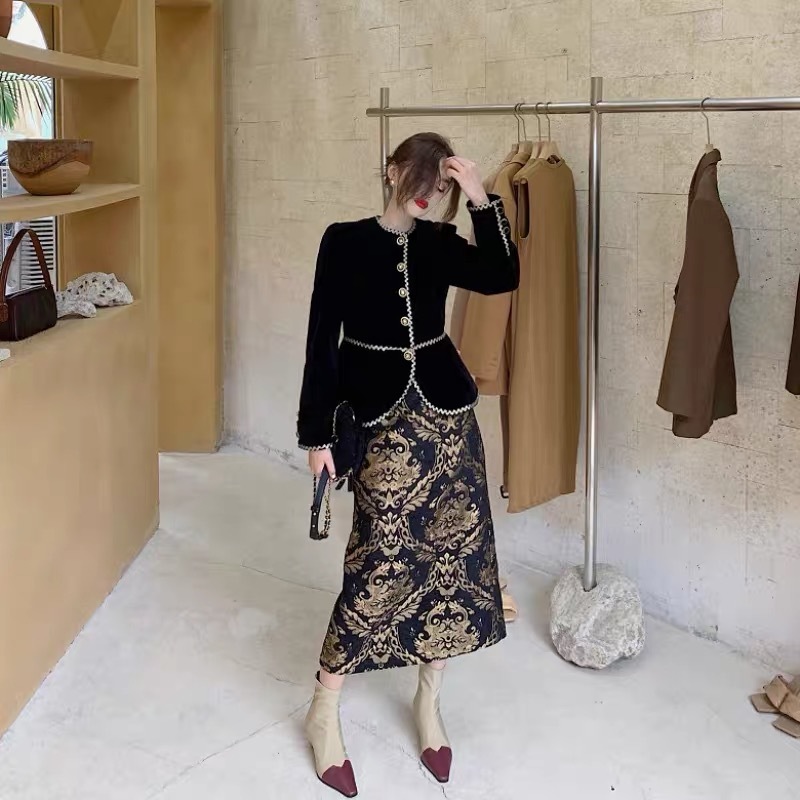 vintage autumn winter two pieces set ruffles single brested buttons black jacket tops printed pencil skirt women sets 210421