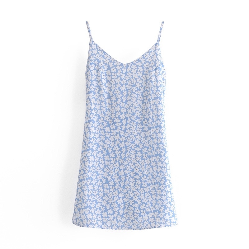 Summer Floral Print Backless Bow Knotted Blue Mini Dress Retro Sexy Women Lacing Up Back Sling Dresses Holiday 210429