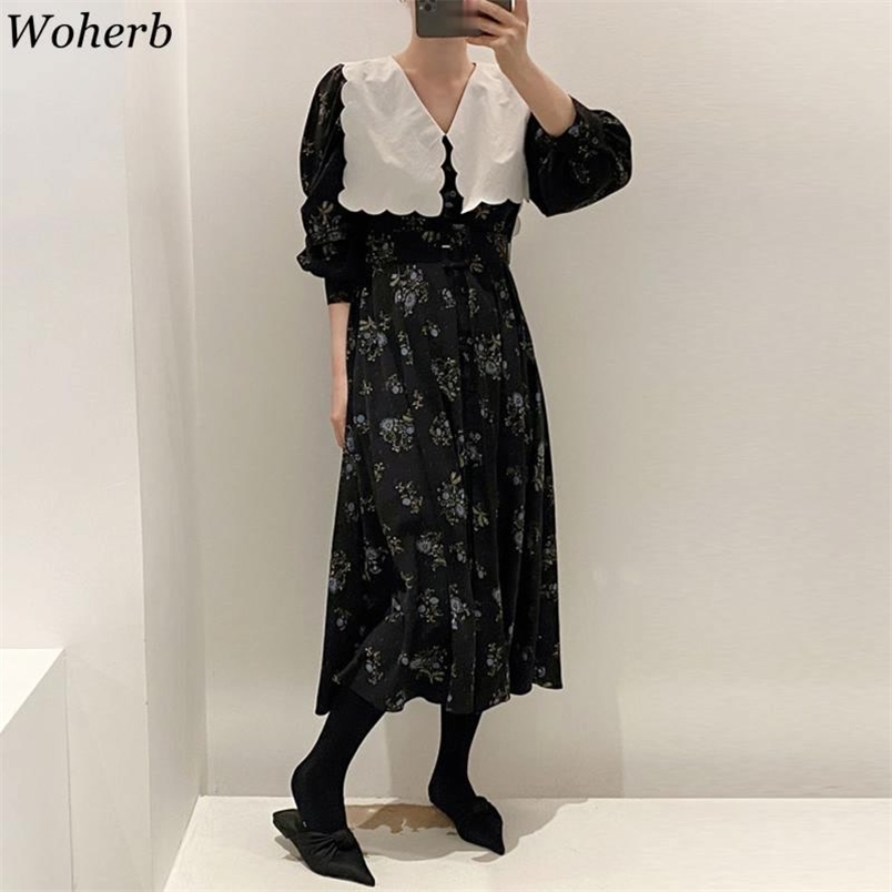 Vinatge Elegant Doll Collar Dress Floral Print Summer Korean Style Maxi Party Chic es Vestidos 210519