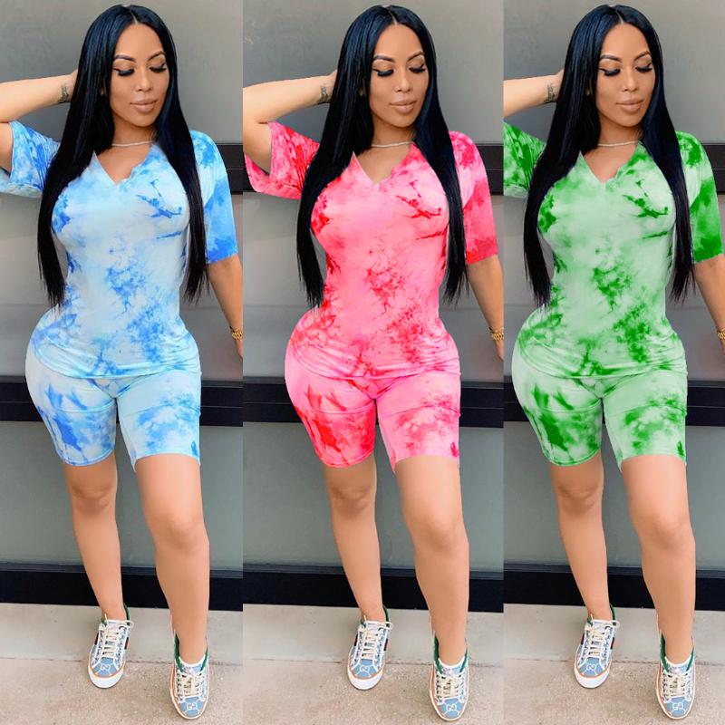 Zoctuo Women Tie Dye Club Two Piece Set V-Neck T-Shirt Shorts Pants 2021 Summer Fashion Short Sleeve Casual 2 Sets Women's Tracksuits
