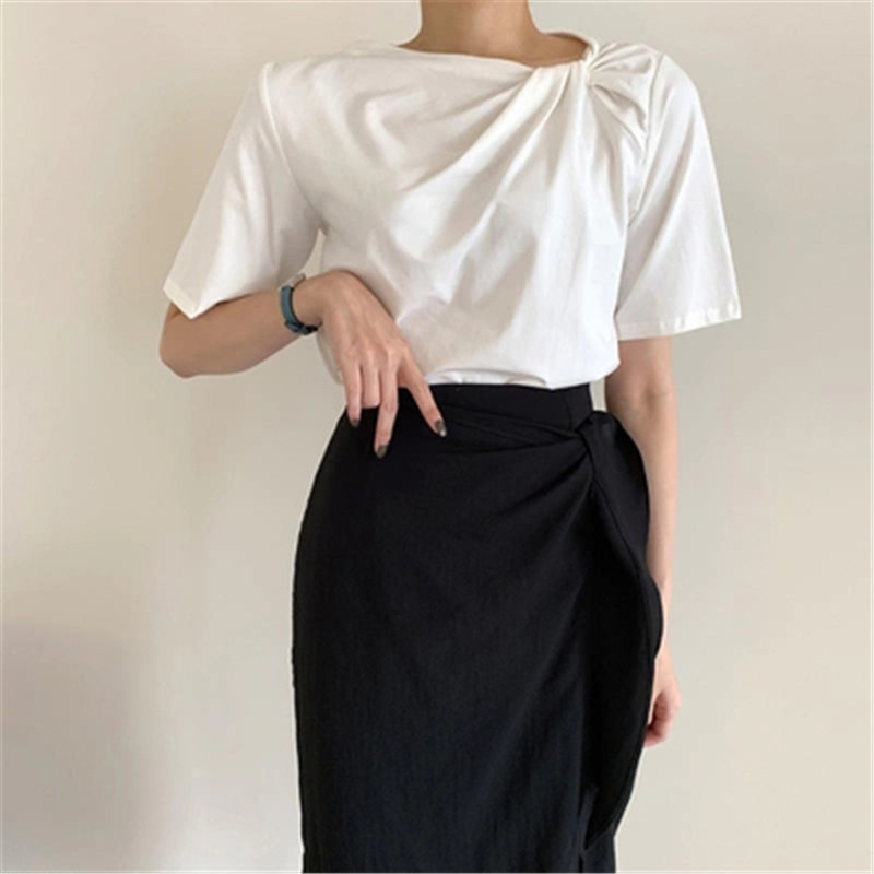 Chic Gentle Sexy Skew Collar Casual Slim Lady OL Short Sleeves Stylish Loose All Match Summer Sweet T-shirts 210421