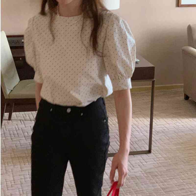 Nomikuma Causal Korean Dot Blouse Shirt Puff Short Sleeve O-neck Womens Tops Spring Summer O-neck Sweet Blusas Mujer 6H265 210427