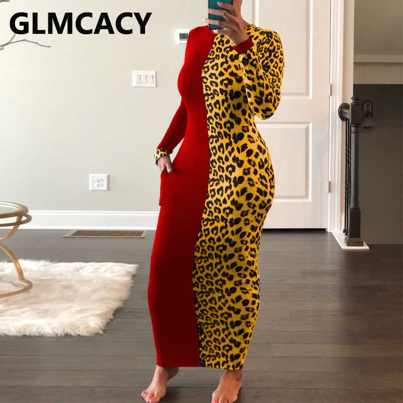 Women Casual Long Sleeve Dress Leopard Colorblock Slim Maxi Dresses 210702