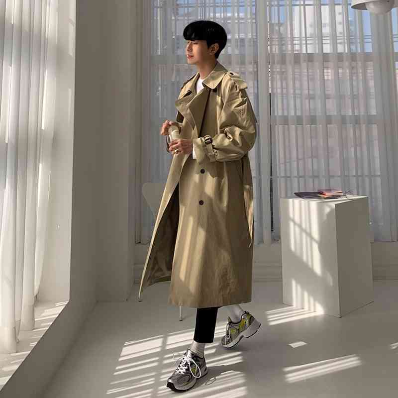 IEFB Men's Spring Windbreaker Mid Long Trend Coat Korean Fashion Handsome British Clothes With Belt Loose Classic Y5453 210524