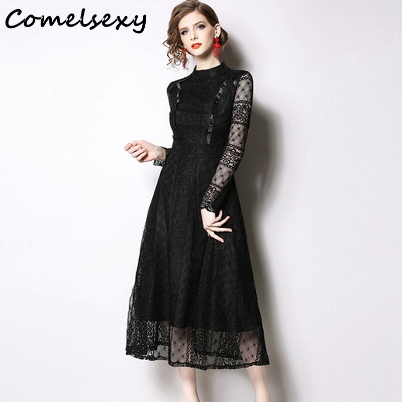 Spring Sexy Elegant Hollow Out Lace Dress Women Stand Collar Casual A-line Dresses Wear To Work Vestidos Black Blue 3xl 210515