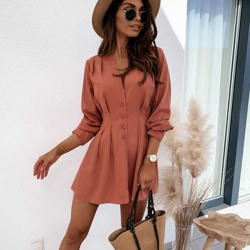 Autumn Shirt Dress Sexy Solid V Neck Long Sleeve Button Elegant Office Lady Work Mini es Spring Slim Waist Party 210526