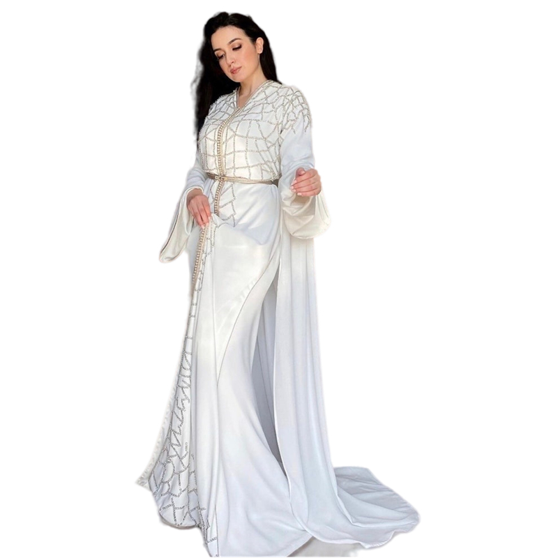 Luxury Crystals Beading Moroccan Kaftan Evening Dresses With Long Cape Wrap Takchita Bridal Kaftan Mariage Reception Gowns Arabic Dubai Muslim Women P