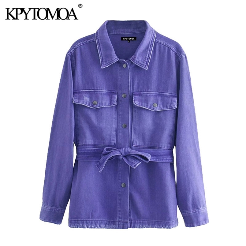 Women Fashion With Belt Loose Frayed Trim Denim Jacket Coat Long Sleeve Pockets Female Outerwear Chic Tops 210420