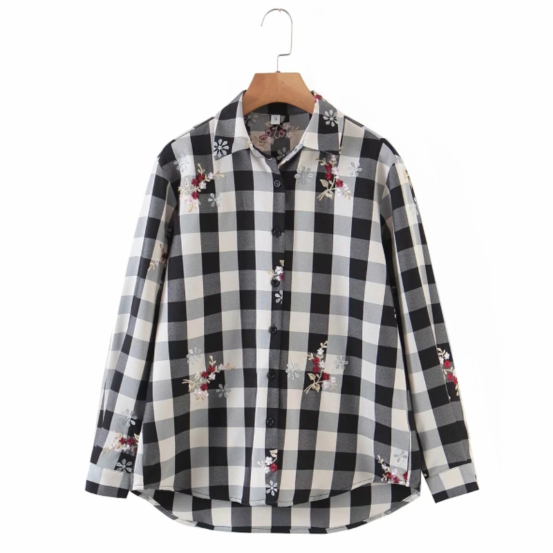 Fashion Women Flower Embroidery Plaid Shirt Female Long Sleeve Blouse Office Lady Loose Tops Blusas S8589 210430