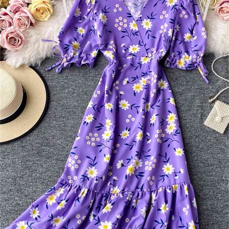 Summer Slim V Neck Short Sleeve Dress A Line Floral Print High Waist Mid-Calf Women Party Dress 210521