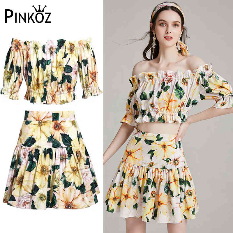 runway stylish yellow flower printed ruched slash neck short summer tops women mini skirt two pieces set lady fashion 210421