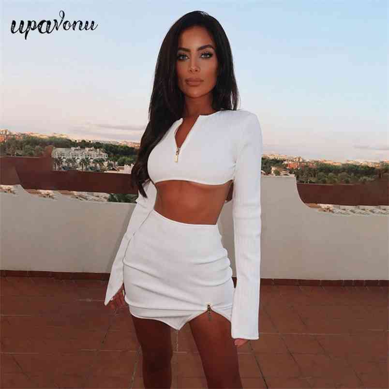 Free Women Rowan Mini Skirt Set Elegant O-neck Zipper Long Sleeve Tight Top & Chic Ladies Two-piece 210524