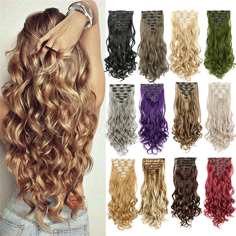 

7pcs/Set 130G Synthetic Clip In Hair Extensions 22Inch Curly Big Wavy High Temperature Fiber Hairpieces For Women