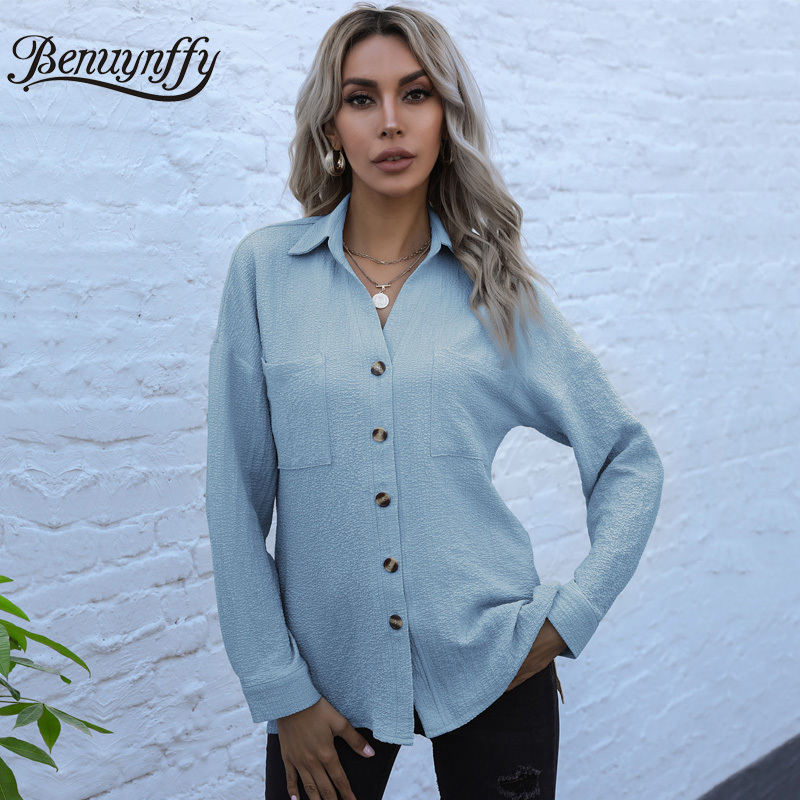 Turn-down Collar Pocket Button Up Shirts Women Spring Autumn Long Sleeve Office Female Casual Shirt and Blouses 210510
