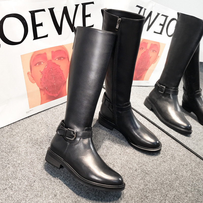 Autumn Riding Boots Women Natural Genuine Leather Zip Square Heel Knee High Buckle Round Toe Shoes Lady Winter 43 210517