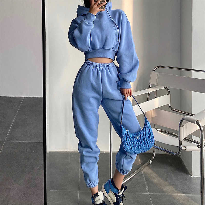 Women's Tracksuit Crop Top Hoodies Two Pieces Set High Waist Pullover Hooded Joggers Suit Female Autumn Lady Sportwear Sets 210925wtt