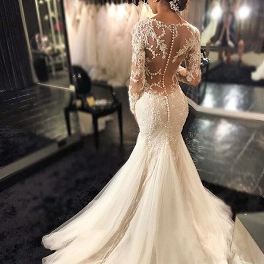 Long Sleeve Lace Appliques Beaded Mermaid Wedding Dresses With Sweep Train