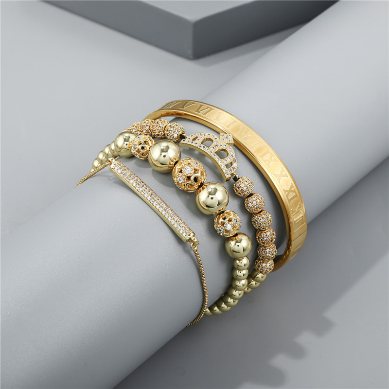 Classic Design Cool Diamond Ball CZ Crown Charm Bracelet Roman Numerals Bangles for Gift 4pcs/set