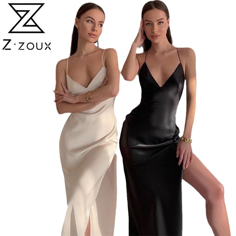 Women Dress Temperament Satin Long es Sleeveless Backless Sexy Summer es Split Loose Casual Plus Size 210513