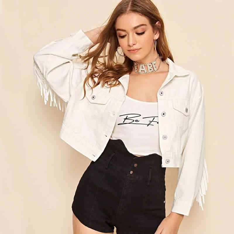 Jackets Women Coat White Trench Woman Jeans Denim Tassel Short Female Casual Long Sleeve Button Pockets Coats 307C 210420