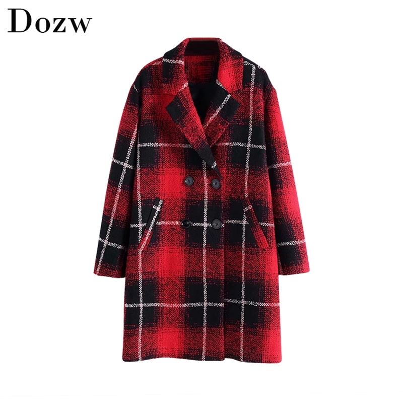 Women Plaid Coat Autumn Winter Double Breasted Fashion Mid Length Coats Outerwear Long Sleeve Wide Waisted Jacket Manteau Femme 210515