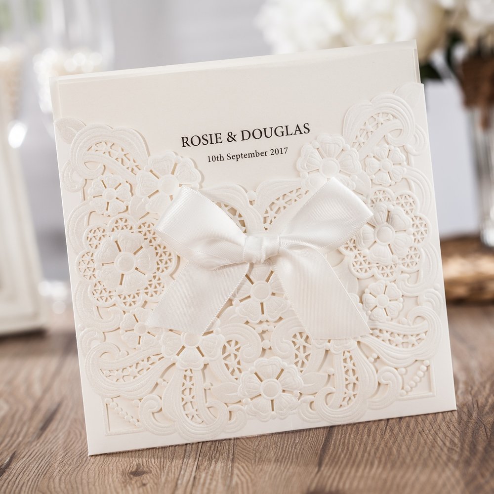 2021 Wishmade Laser Cut Wedding Invitations Kit with RSVP Cards and Thank You Card Bowknot Pearl Hollow Floral Customizable