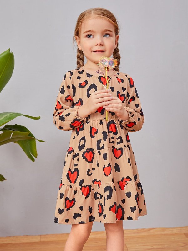 Toddler Girls Heart Print Lantern Sleeve Ruffle Hem Dress SHE