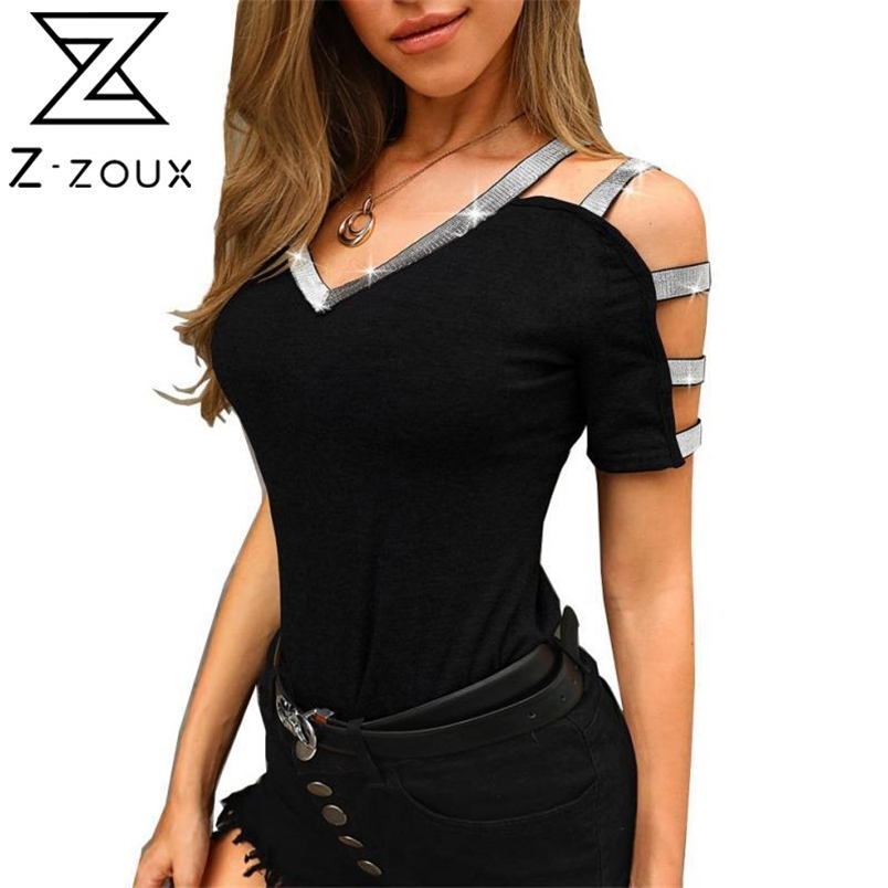 GETSPRING Women Shirt V-Neck Diamonds Hollow Out Sexy All Match Black Red Blue s Fashion 210513