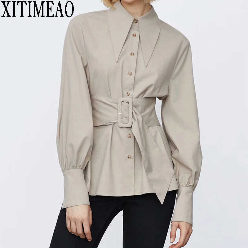 Za Women Fashion With Belt Back Pleated Blouses Vintage Lantern Sleeve Button-up Female Shirts Chic Tops XITIMEAO 210602