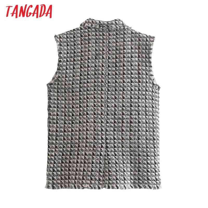 Women Vintage Plaid Tweed Oversized Vest Sleeveless Female Waistcoat Tops QJ132 210416