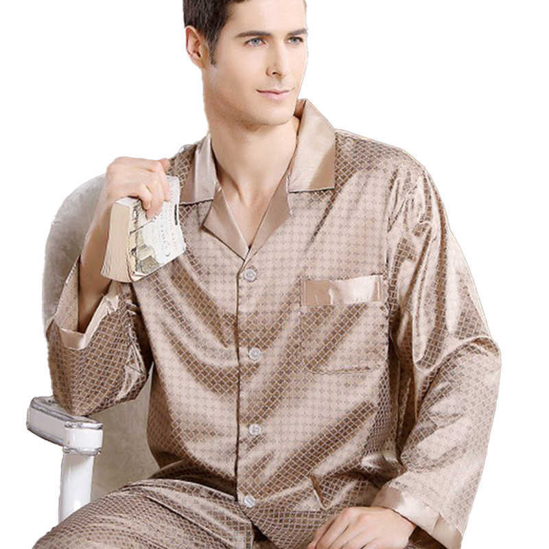 High Quality Silk pajamas paisley Men long-sleeved shirt + trousers two pieces Sleepwear Set Plus Size Pyjamas home clothes Male 211019