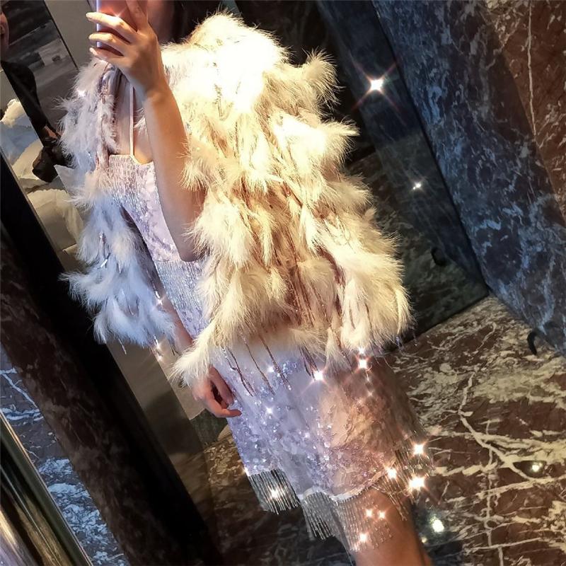 Women's Fur & Faux 2021 Fall Winter Jacket Women Fashion Sequins Tassel Imitation Ostrich Feathers Luxurious Outerwear Ladies Coat Ins