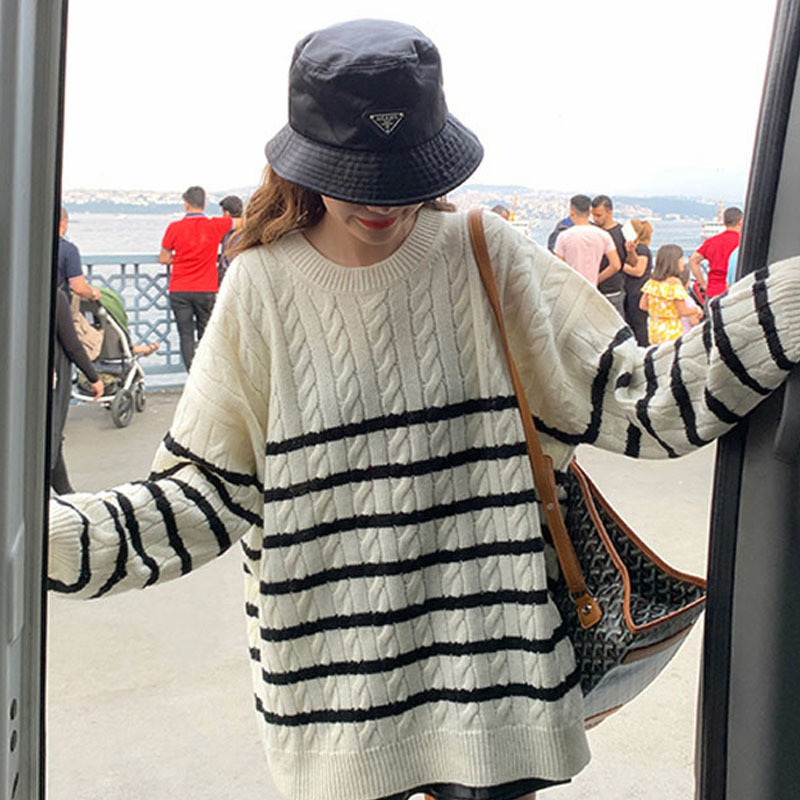 Autumn and Winter Sweater Women Loose Pullover Korean Striped Twist Color Long Casual Knitwear Pull Femme 11947 210427