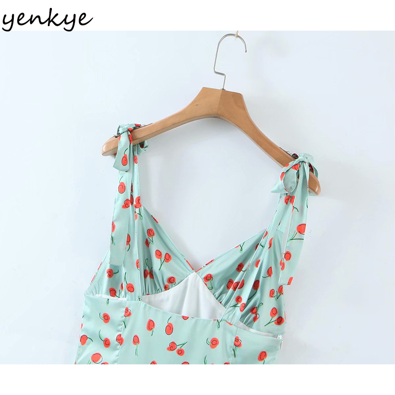 YENKYE Sexy Sling Summer Beach Dress Women Sweet Cherry Print Dress Female Backless Sleeveless V Neck A-line Satin Short Robe 210515